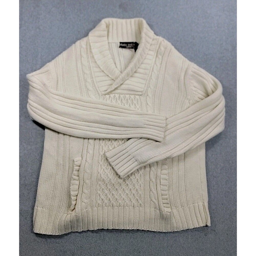 Studio One Campus Sweater Mens L Beige Acrylic Fisherman Knit Shawl Pocket 80s